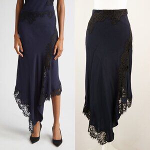 Veronica Beard Hartley Lace Detail Asymmetric Slip Skirt, Navy/Black, Size US 00
